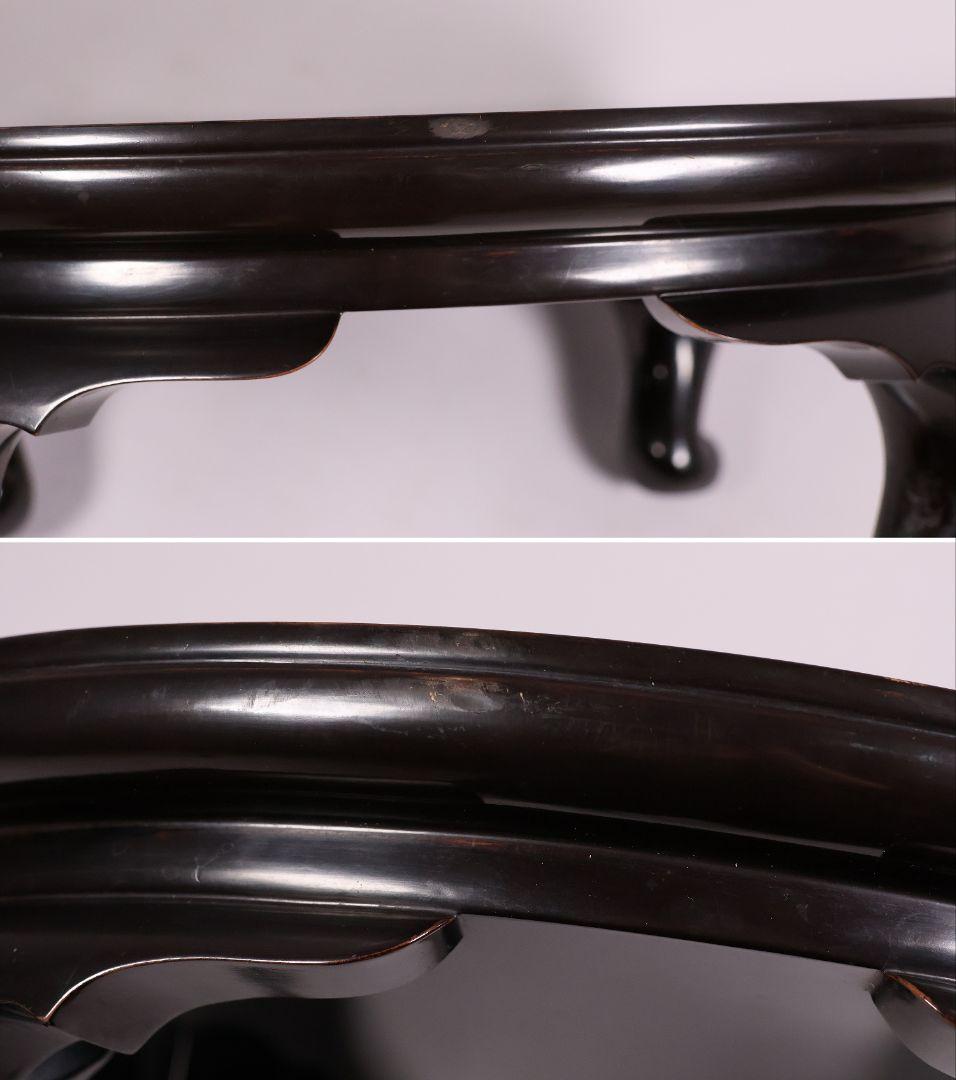 木製 漆塗 古い黒塗丸卓 39.5cm 花台 香炉台 丸形 猫足【MA612】