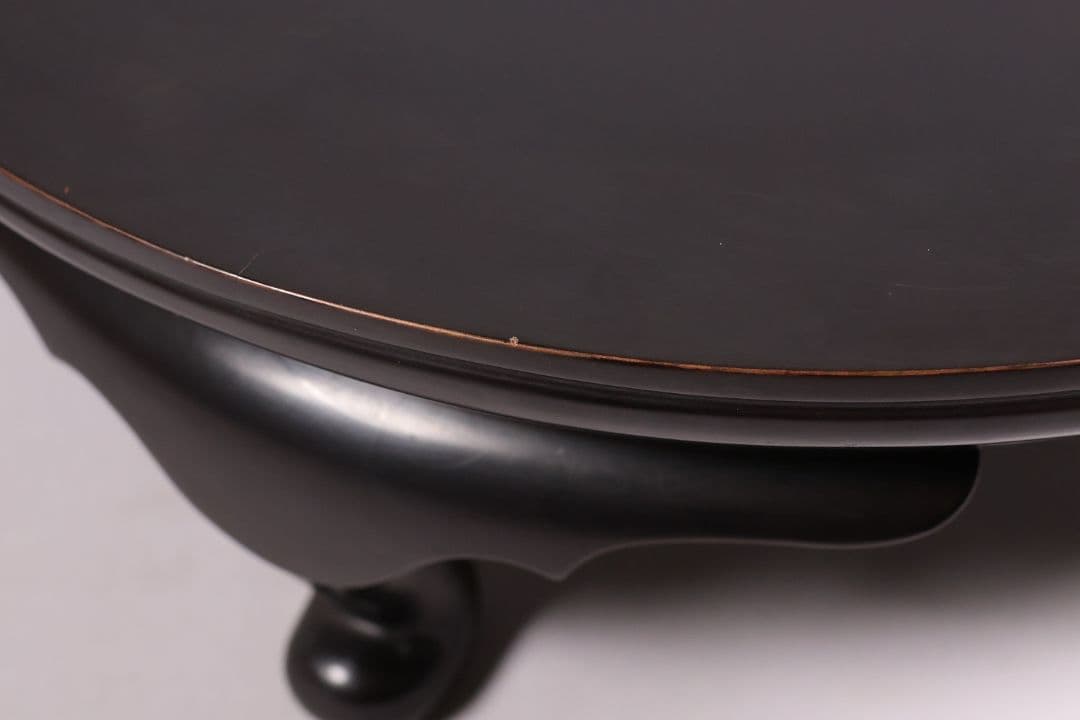 木製 漆塗 古い黒塗丸卓 39.5cm 花台 香炉台 丸形 猫足【MA612】