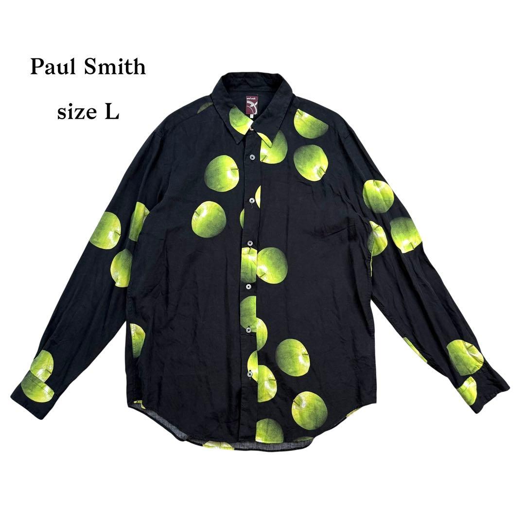 Paul Smith ポールスミス 長袖 シャツ 青リンゴ 総柄 黒 ブラック