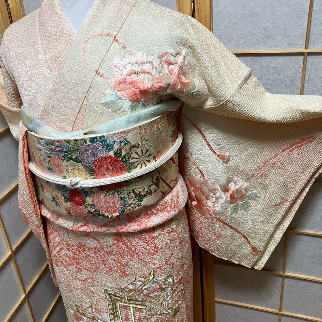 7534］訪問着 美品 御所車花文様 総絞り 金銀糸 駒刺繍 正絹 着物 袷