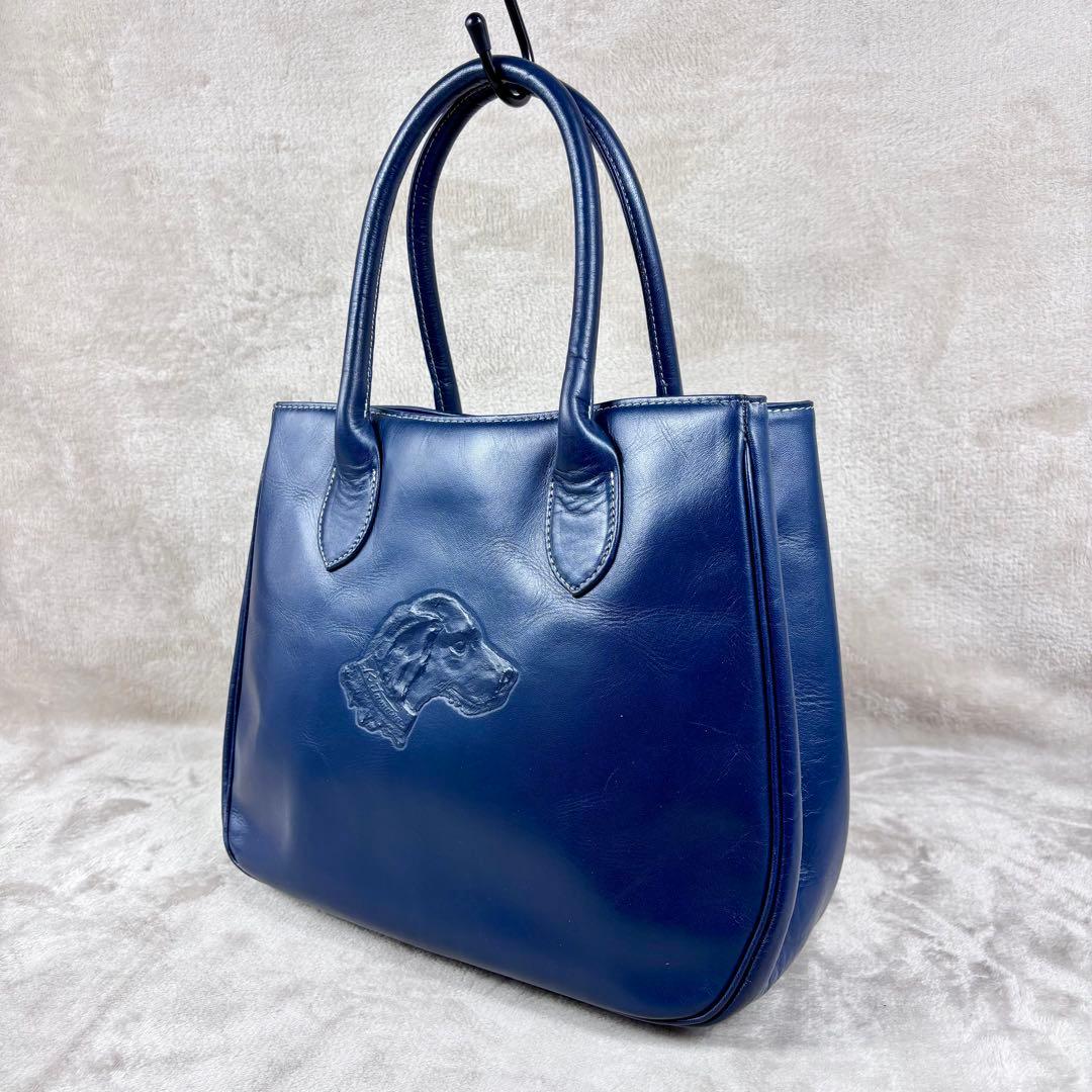 美品 kitamura キタムラ トートバッグ 犬ロゴ 本革レザー ネイビー