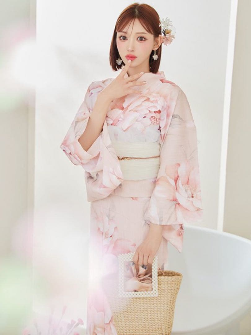 sugar くすみピンクスウィート牡丹浴衣【浴衣３点セット 浴衣/帯/下駄】 即日発送】【浴衣】大人スウィート/ピンク地に大柄牡丹浴衣 【浴衣3点