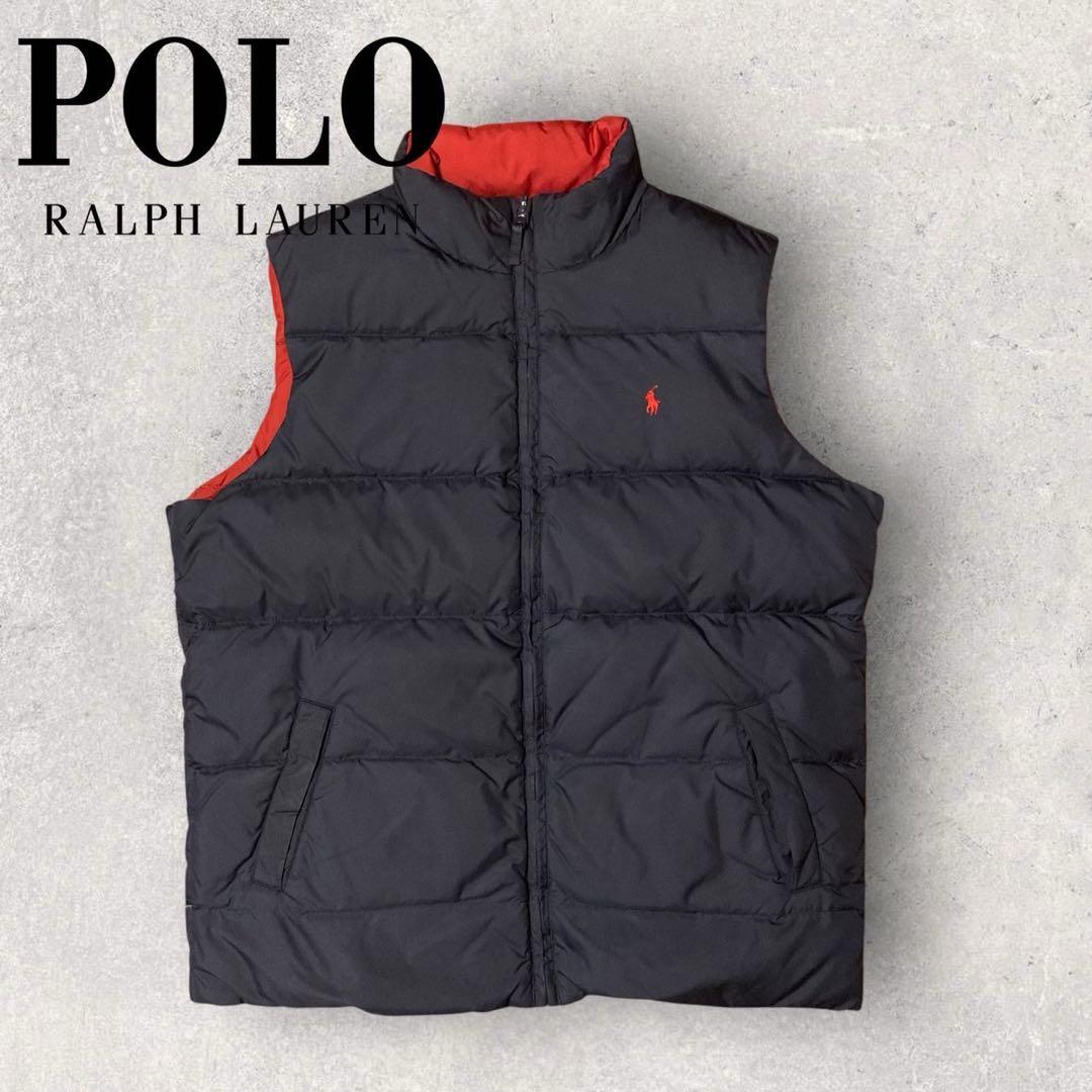 【ポロラルフローレン】ダウンベスト　リバーシブル　ネイビー　刺繍ロゴ　M相当　g ポロ ラルフローレン POLO RALPH LAUREN ダウンベスト リバーシブル
