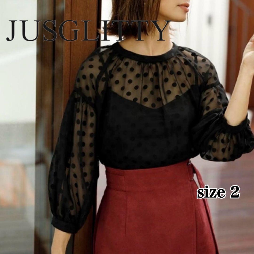 JUSGLITY ジャスグリッティー シアーブラウス ドット柄 長袖 ブラック