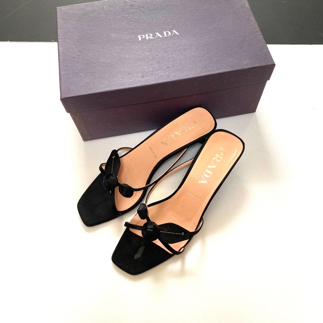 PRADA プラダ サンダル 23.5 ミュール 黒 バラ お花モチーフ 37 - メルカリ