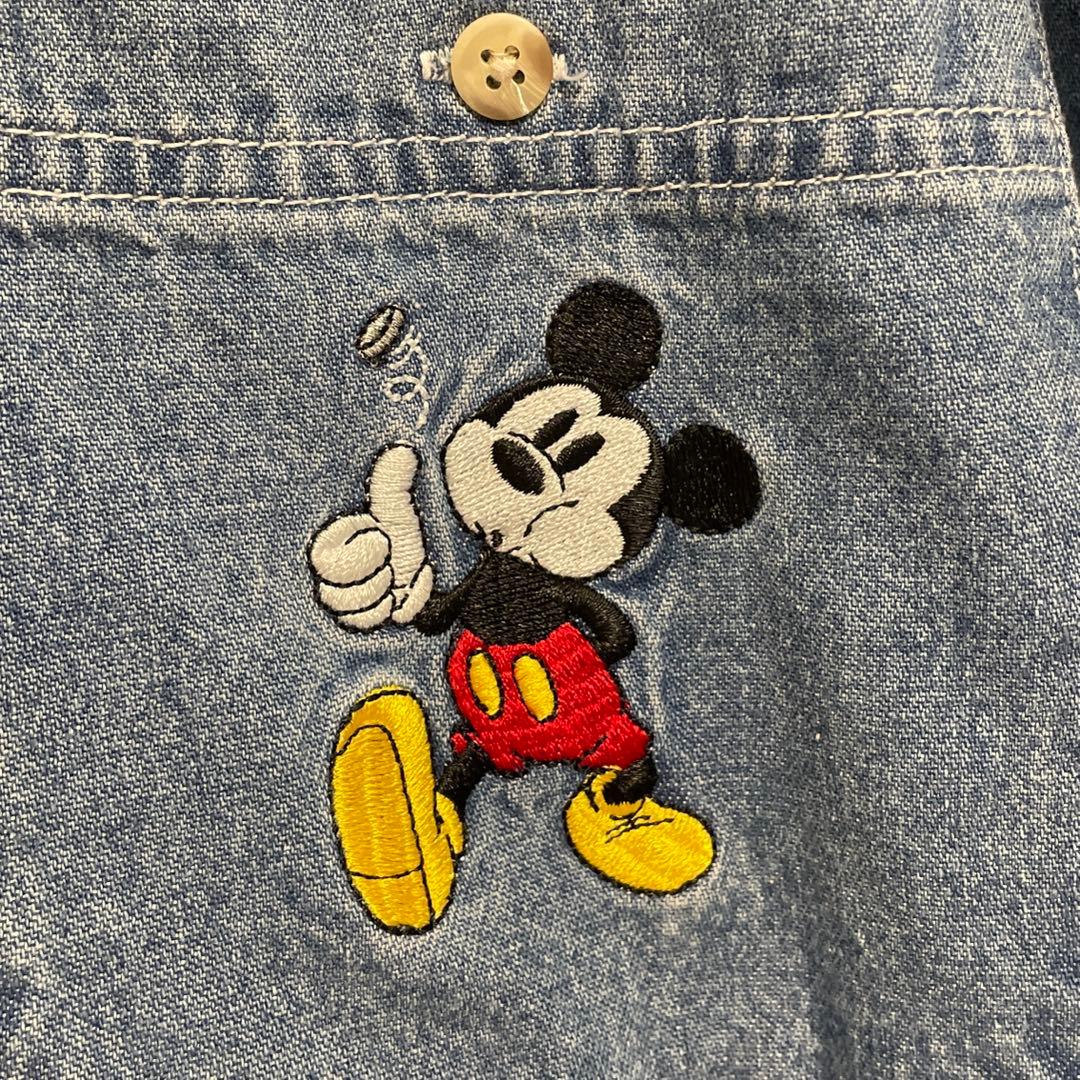 DISNEY ディズニー ミッキー ポケット刺繍 デニムシャツ ブルー XL相当