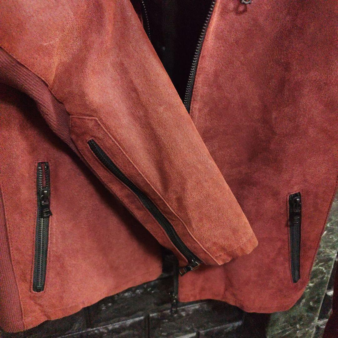 良品 ノーアイディー 赤×黒 フルジップアップフーデッドレザースエード