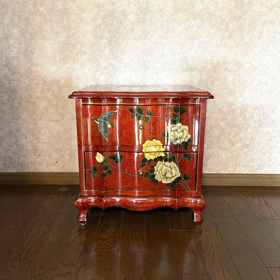 ヴィンテージ・キャビネット】40X56X58 赤花と鳥の装飾箪笥 アジアン