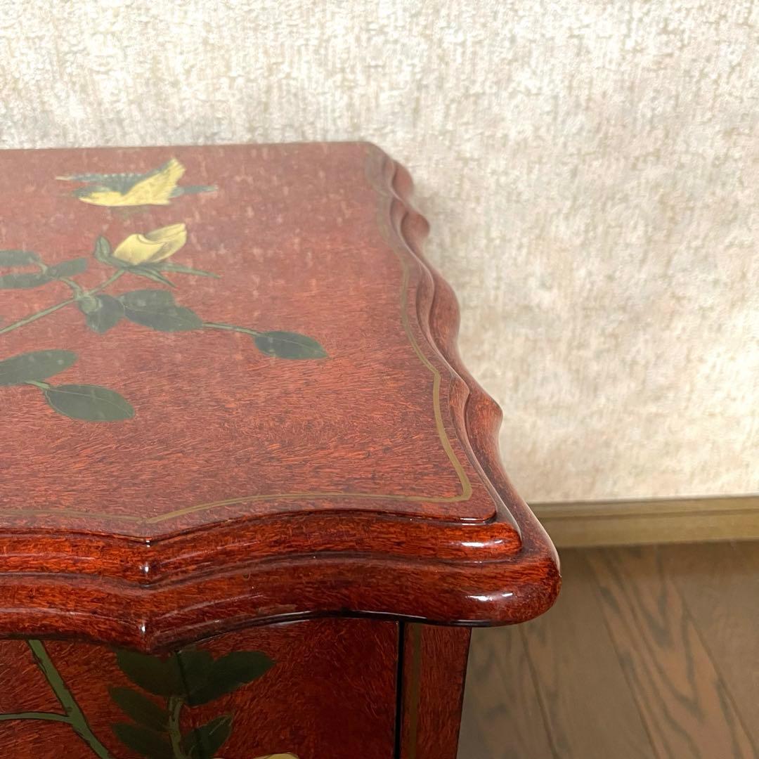 ヴィンテージ・キャビネット】40X56X58 赤花と鳥の装飾箪笥 アジアン