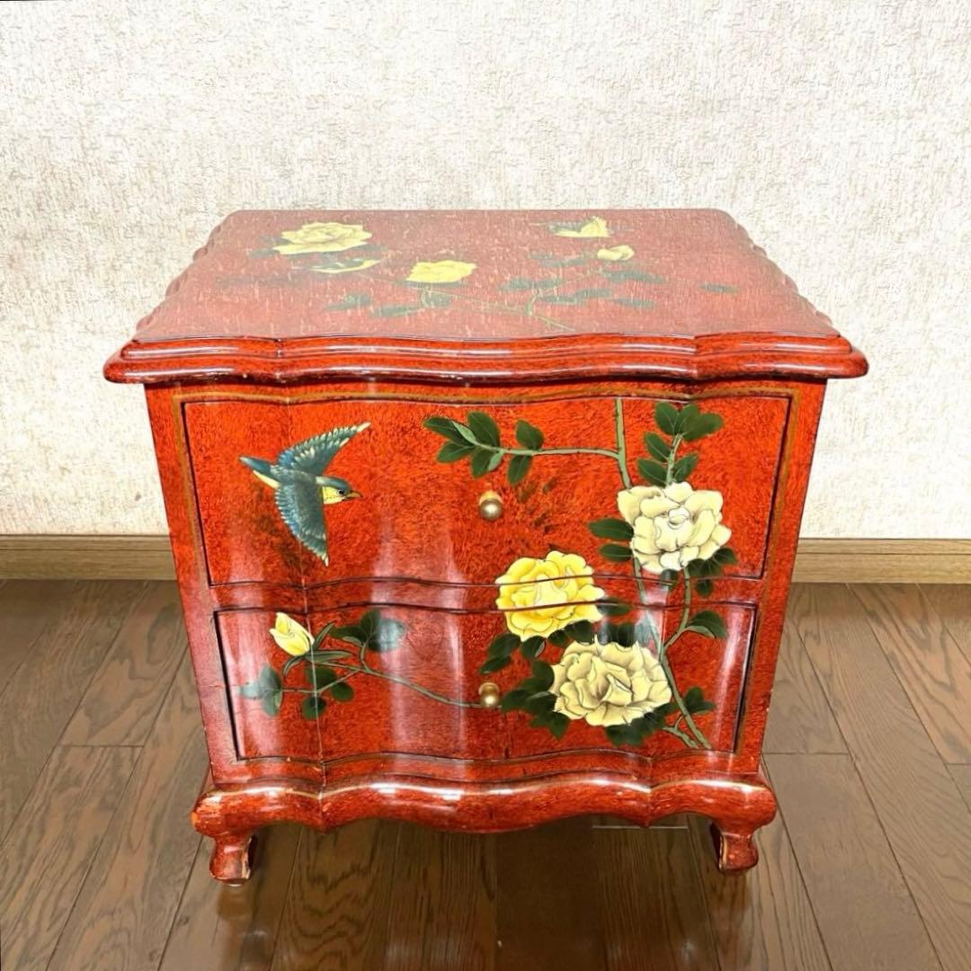 ヴィンテージ・キャビネット】40X56X58 赤花と鳥の装飾箪笥 アジアン