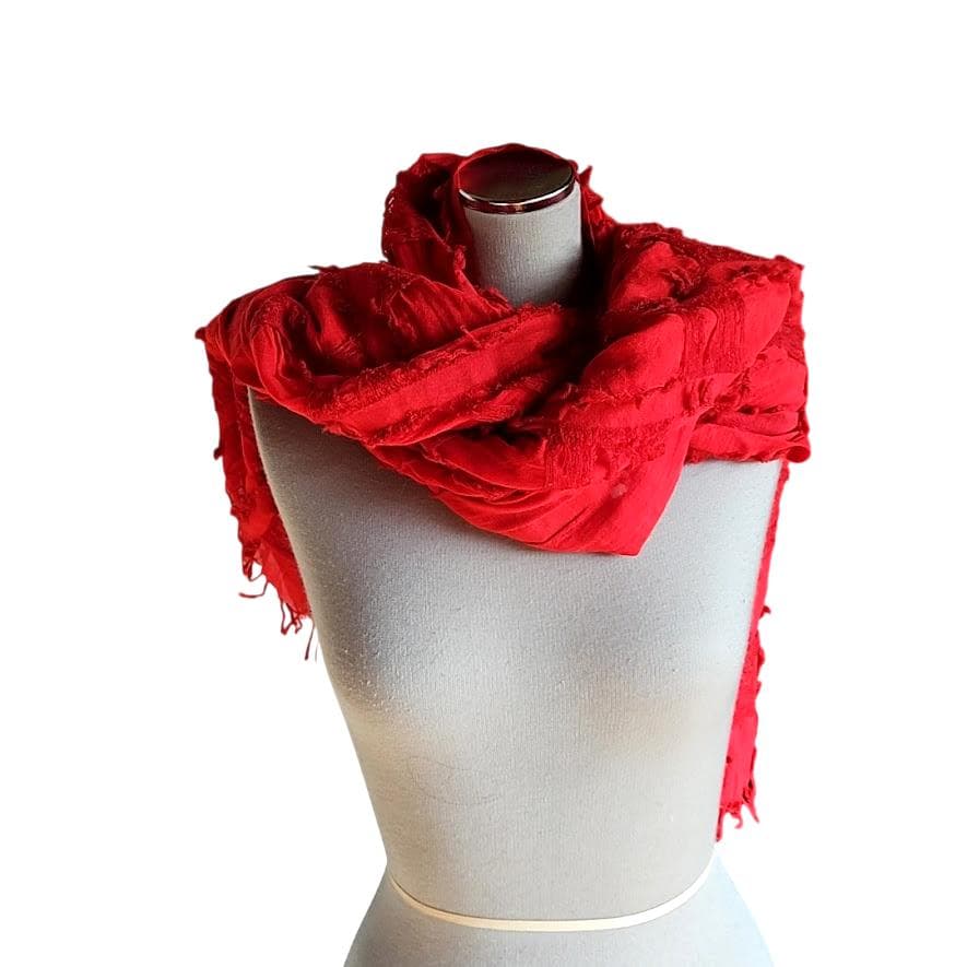 未使用☆ ヨウジヤマモト Y's大判ストール赤 綿×毛 クラッシュ加工