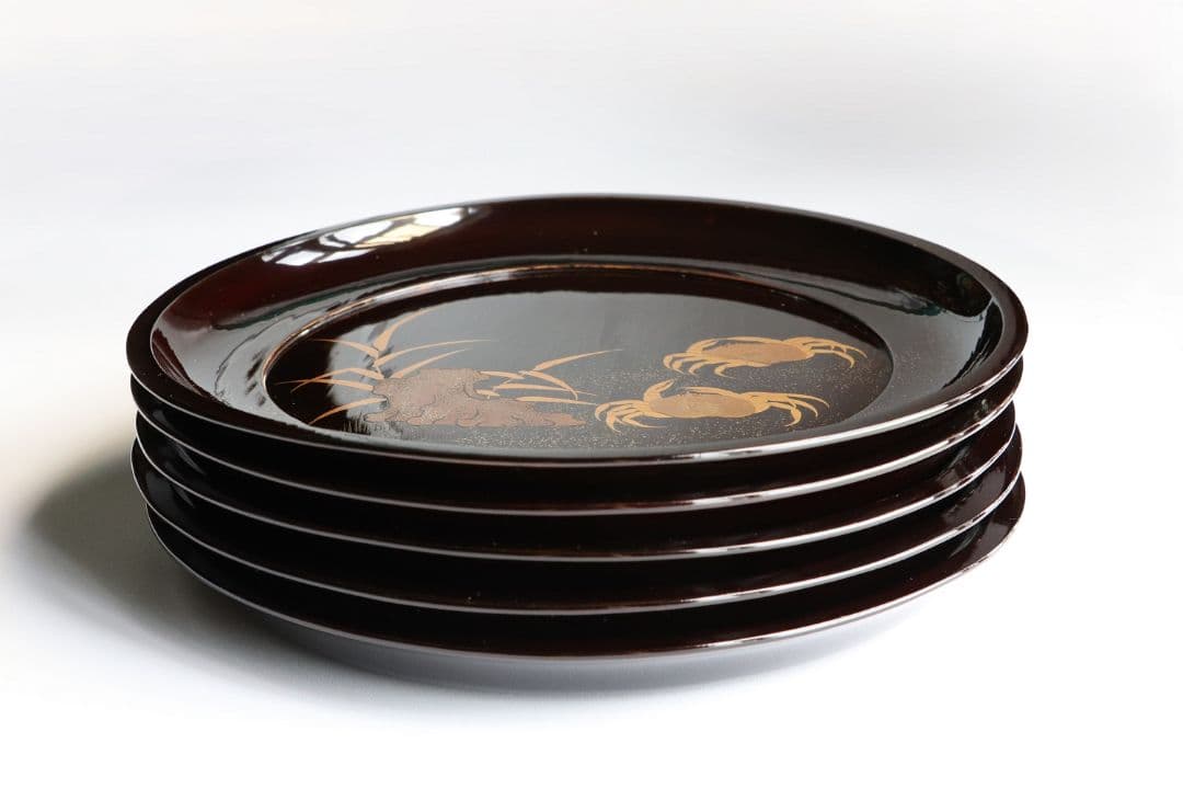 CK91 木製漆器 蟹蘆金蒔絵 黒塗 大徳寺盆 五客 24.5cm 木皿 菓子盆