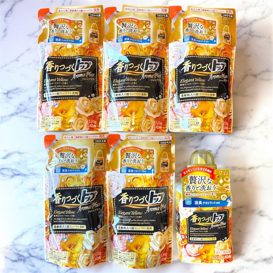 【希少】香りつづくトップ アロマプラス エレガントイエロー 本体+詰替５コセット Amazon | 香りつづくトップ アロマプラス 洗濯洗剤 液体 エレガント