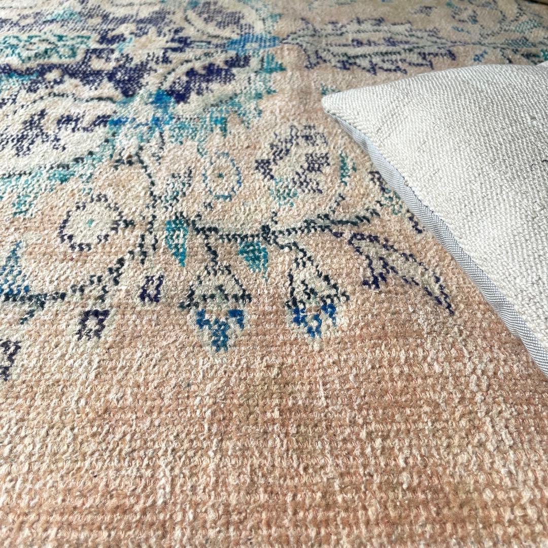 99×222 ペールベージュ×ブルー メダリオン 擦れトルコヴィンテージラグ
