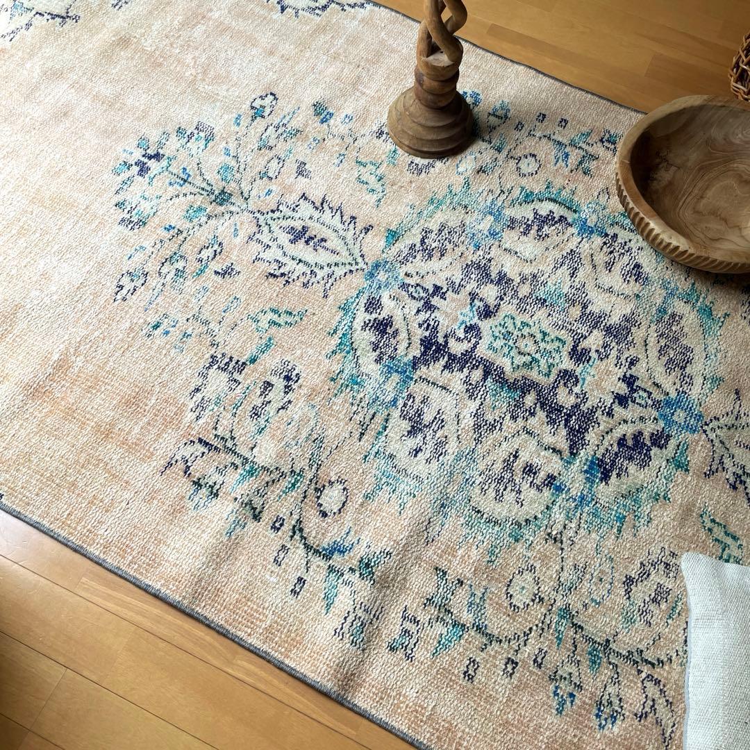 99×222 ペールベージュ×ブルー メダリオン 擦れトルコヴィンテージラグ