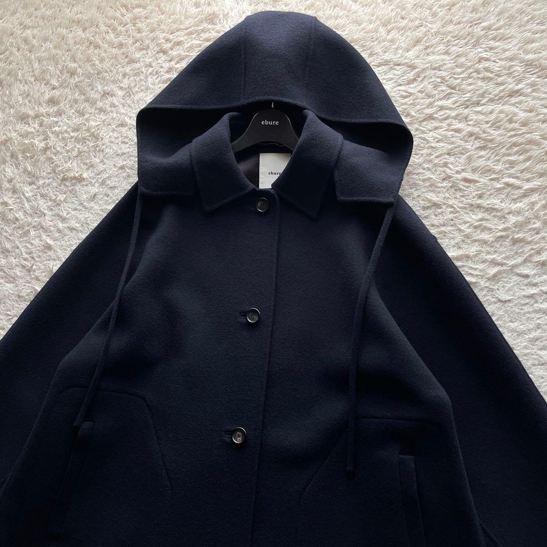 エブール フーデッドコート ロングコート マキシ丈 ウール ネイビー 36