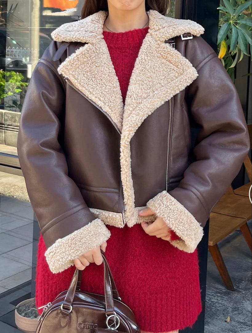 れな様 Chico ボアレザーライダースジャケット ブラウン フリーサイズ