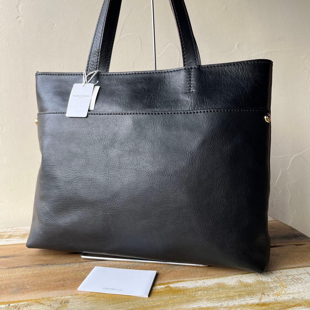 ツモリチサト ブラック レザートート 日本製 a4収納可 猫 金ボタン