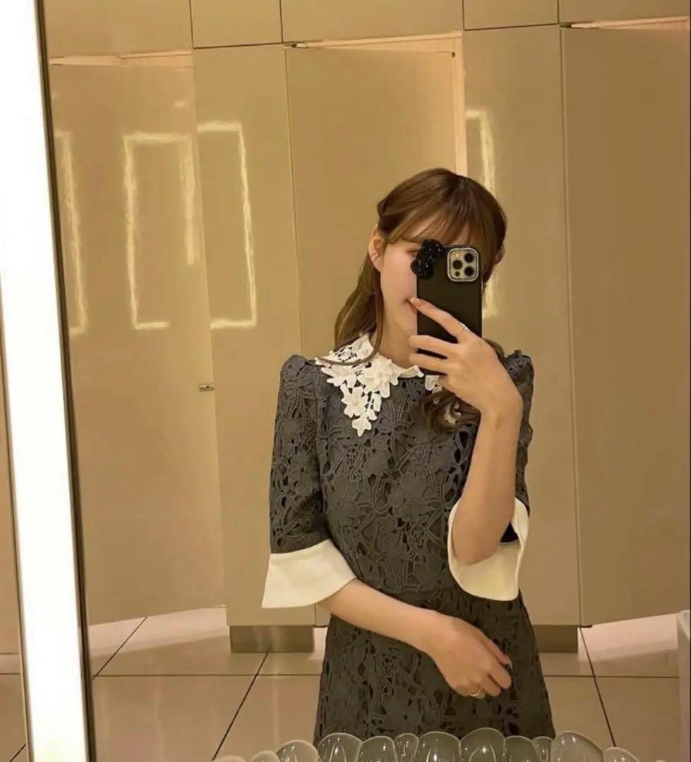 Leja】花柄レースカラースパンコール刺繍Aラインフレアドレス