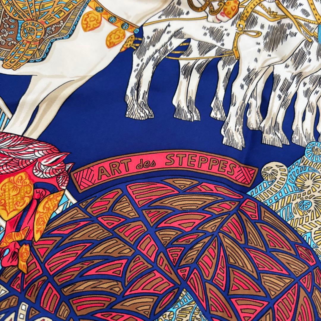 HERMES エルメス カレ90 シルク スカーフ「ステップ美術」ネイビー