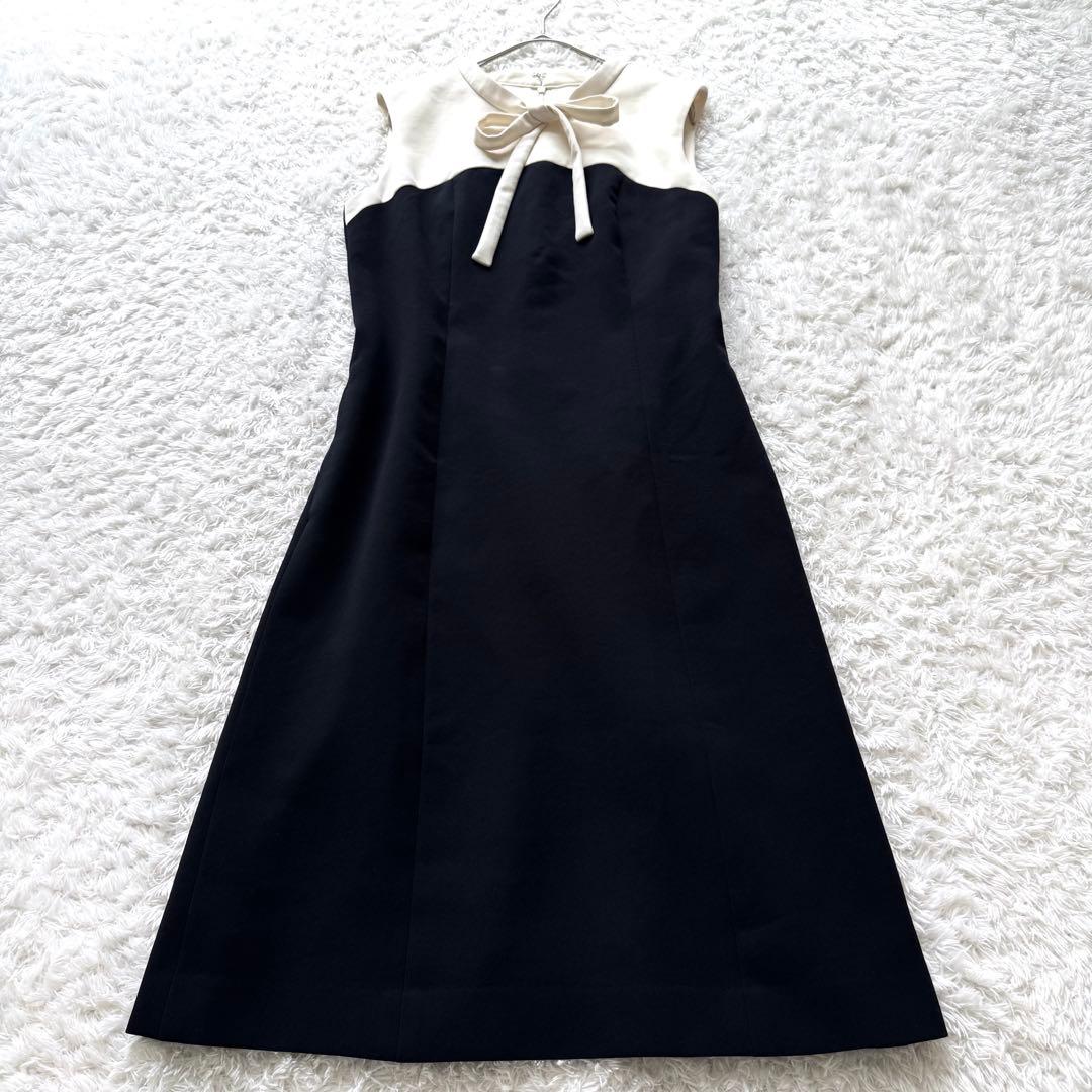 美品✨ルネ バイカラー ノースリーブ ボウタイ ワンピース フレア 白 黒 34 Dream garden（ドリームガーデン） ワンピース バイカラー リボン