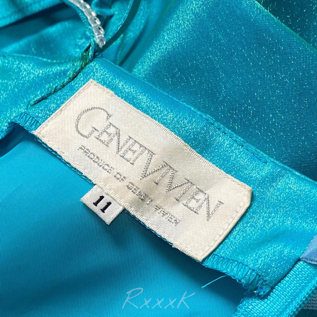 ジュネビビアン 高級 ロングドレス 演奏会 アシンメトリー 光沢 ブルー