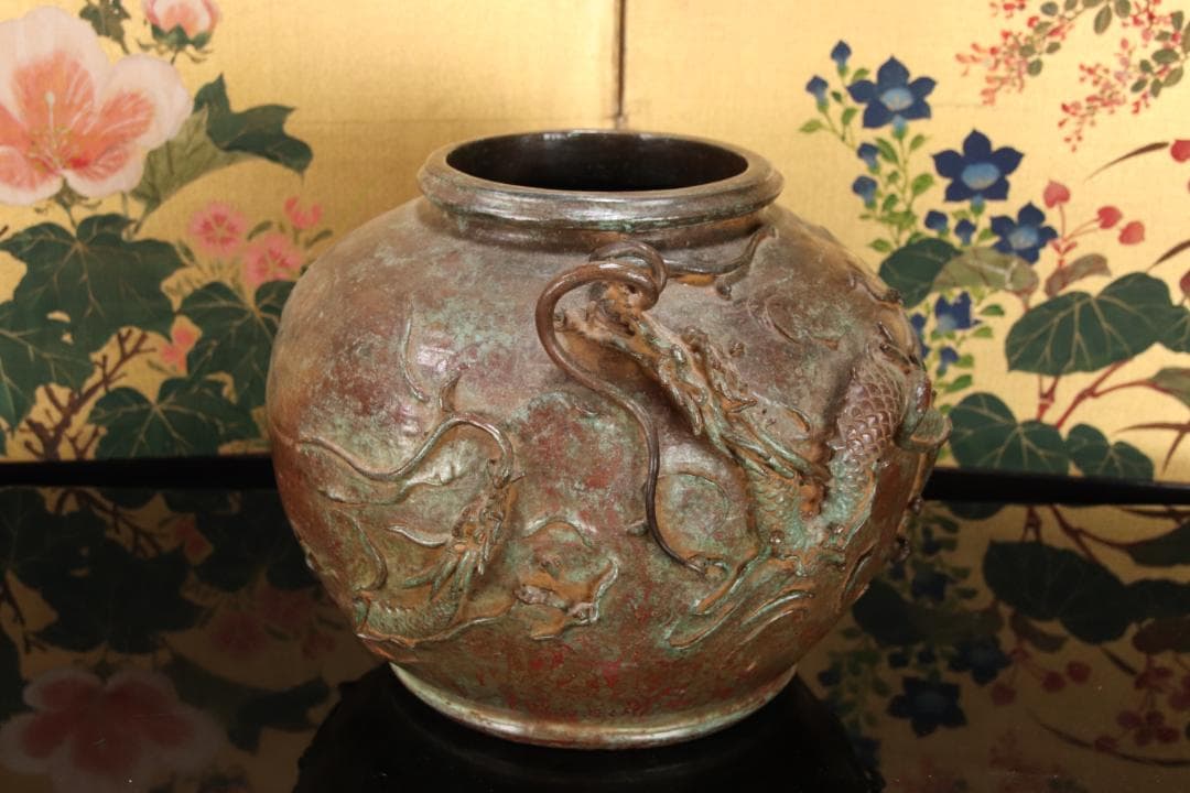 新品未使用 大森孝志 作 蝋型鋳銅 『 双龍花器 』 高さ16.5㎝ EE008