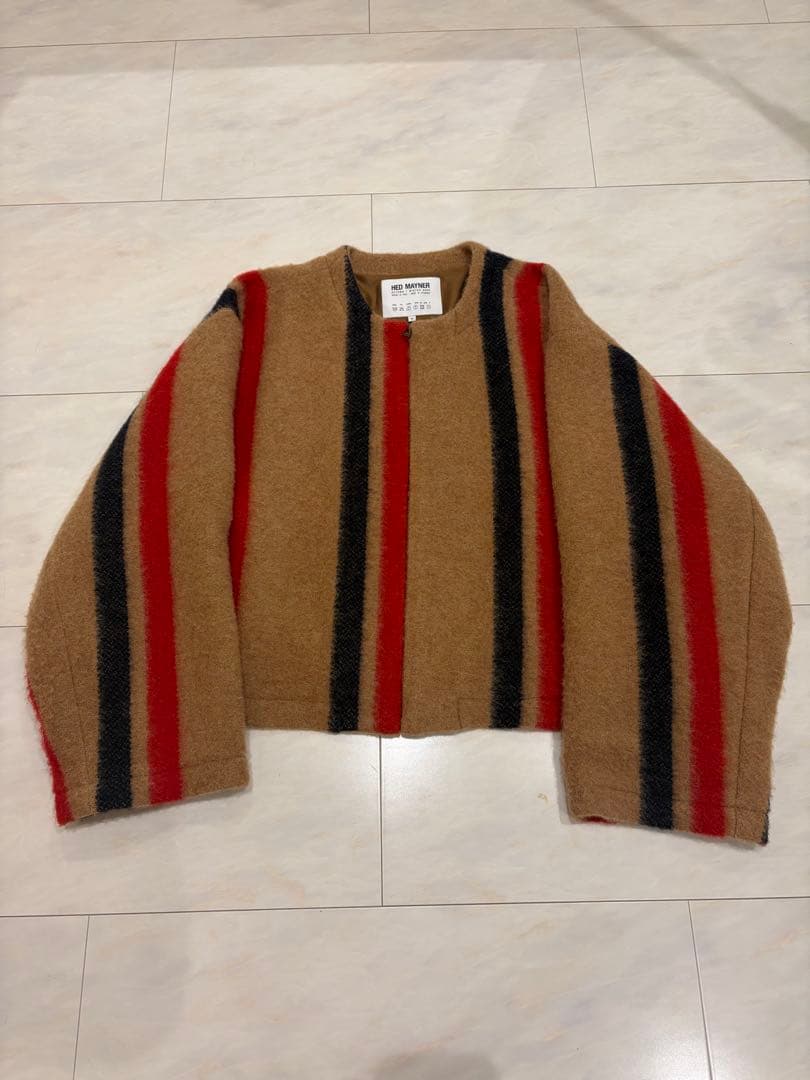 ノーカラージャケット ベージュ 赤 黒 ストライプ 一部追加予約》SHIPS Colors:〈手洗い可能〉ノーカラー ジャケット