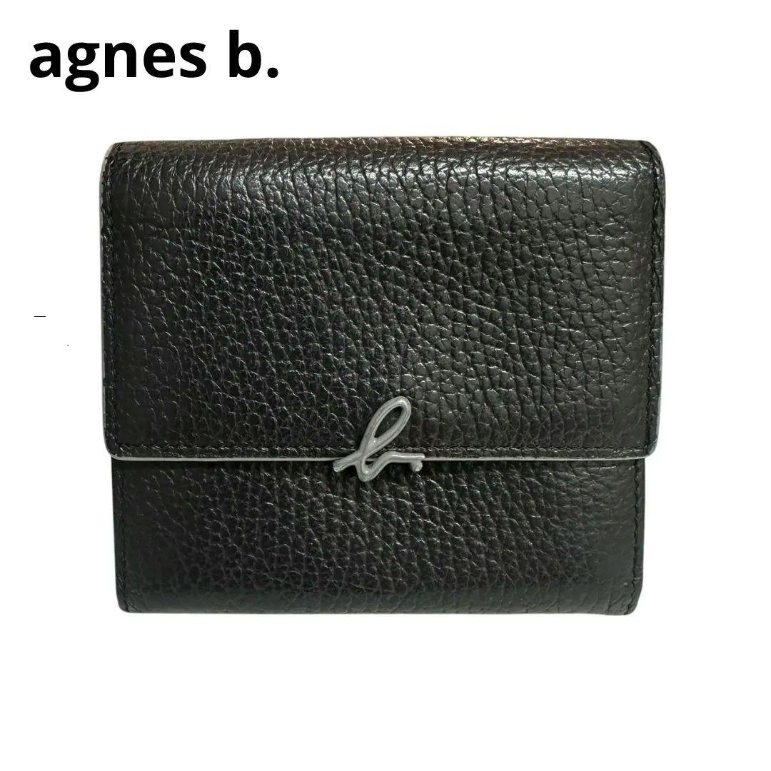 美品】agnes b. アニエスベー 2つ折り財布 レザー ブラック グレー