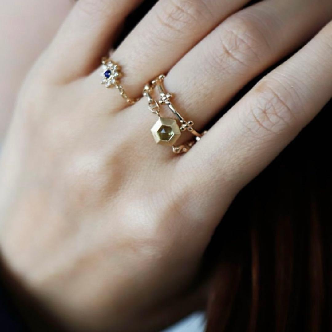 K10ゴールド ペリドット 六角形 リング シエナロゼ チェーンリング