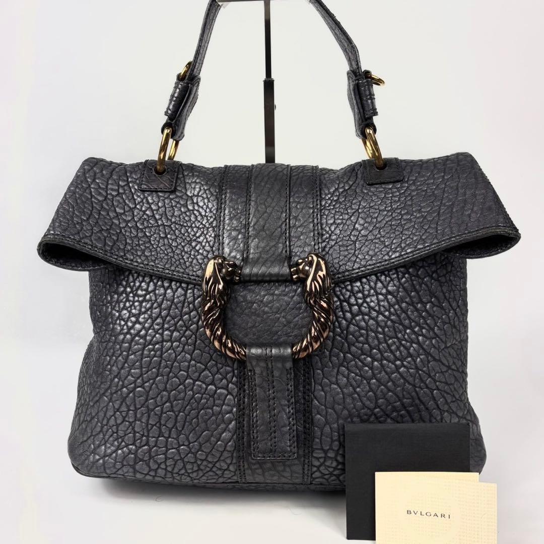 極美品　ブルガリ レオーニ ハンドバッグ ライオン シボ革 カード有 極美品 ブルガリ レオーニ ハンドバッグ ライオン シボ革 カード有