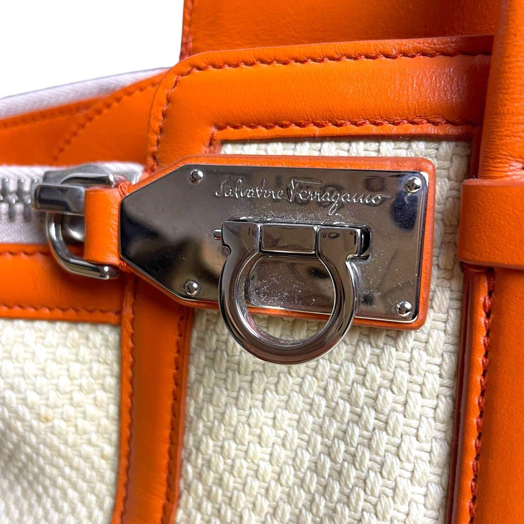 フェラガモ トートバッグ キャンバス×レザー ガンチーニ オレンジ