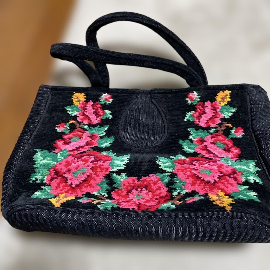 FEILER 花柄刺繍 ハンドバッグ 黒 - メルカリ