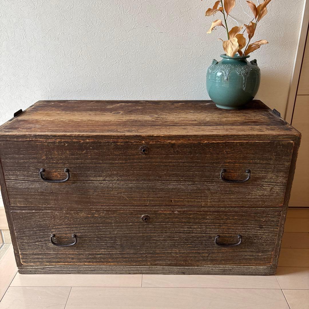 木製アンティーク箪笥 ダークブラウン 2段引き出し 昭和 レトロ