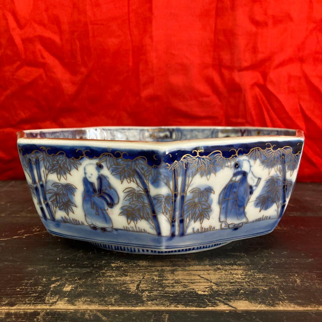 古伊万里 色絵金彩 八角鉢 龍鳳神獣蝶鹿竹林人物図 富貴長春 江戸期