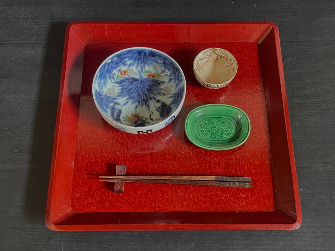 美品】「母」 讃岐彫 四方膳 5客 朱漆 讃岐膳 一枚板くり抜き （D