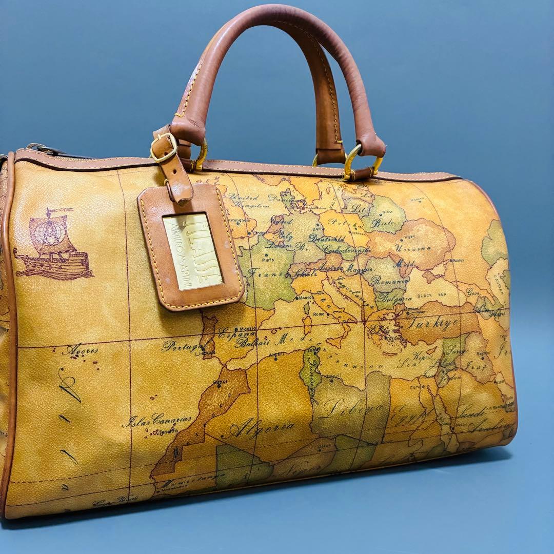 プリマクラッセ 世界地図柄 PVC×レザー ハンドバッグ ミニボストン