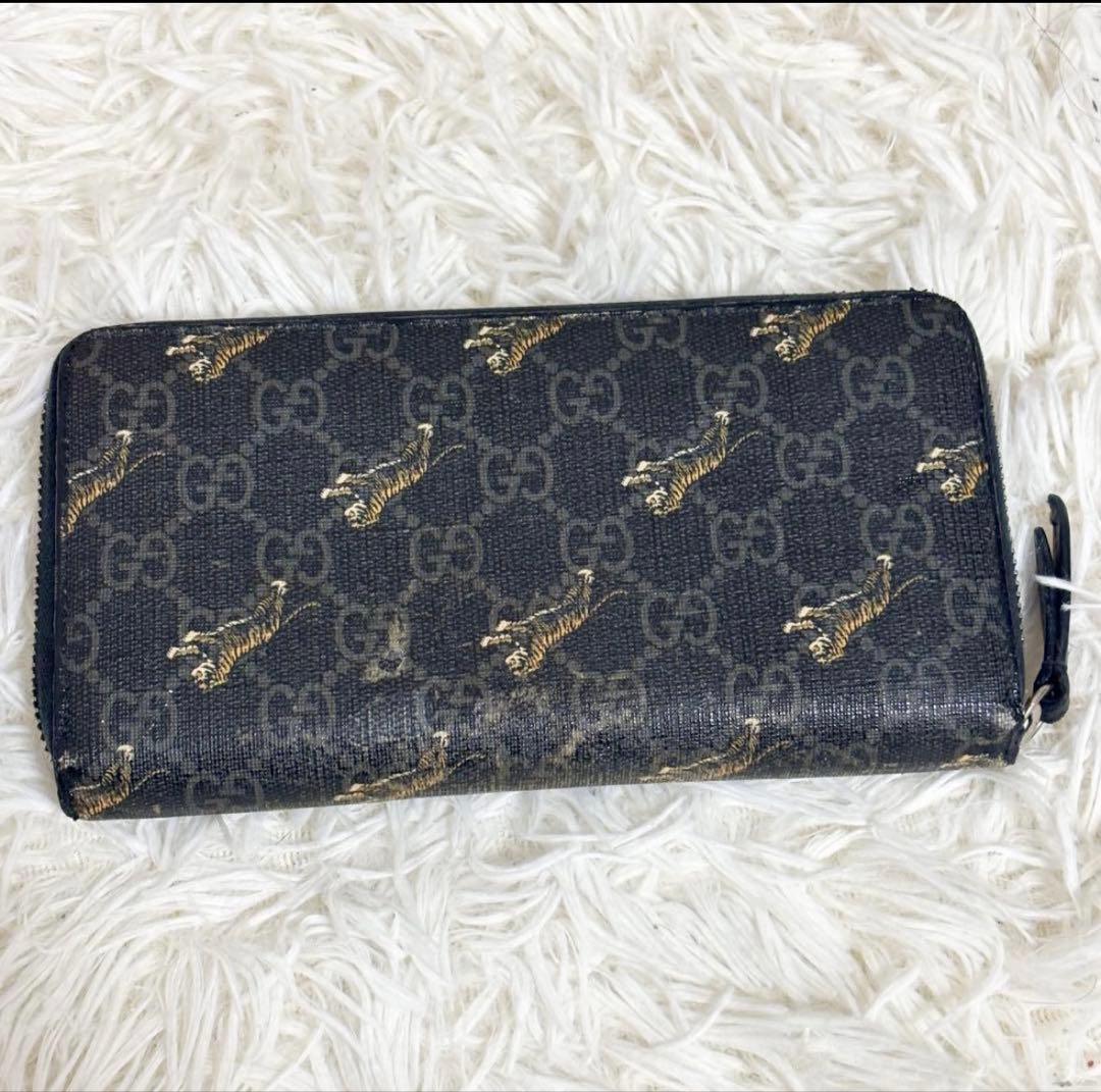 グッチ 長財布 タイガー 虎 PVC GGスプリーム ラウンドファスナー 黒