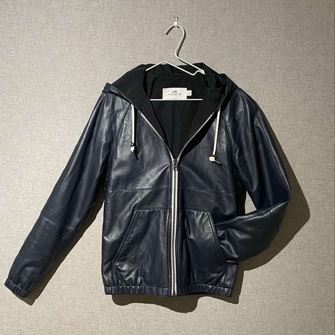 秋*月様 COACH レザージャケット　レザー　フード　パーカー　ブラック COACH】コーチ『レザー パーカ シグネチャー sizeXL』C5233 メンズ