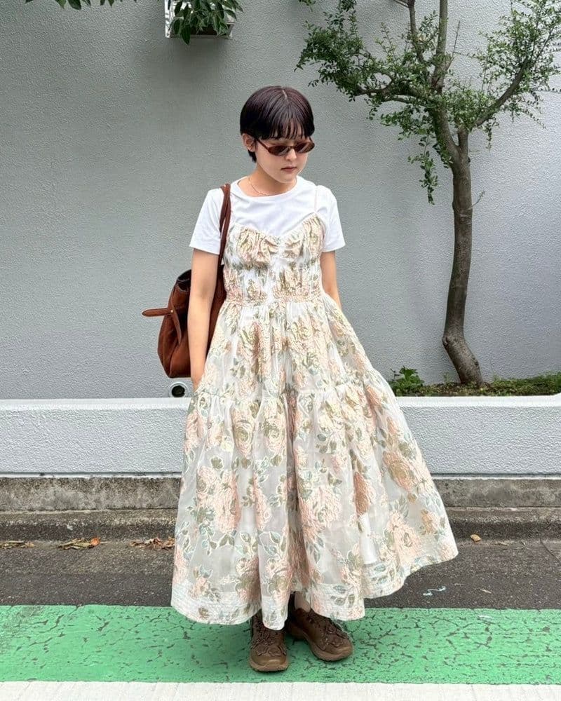 はな様専用poppy Pink gold jacquard cami dress - メルカリ