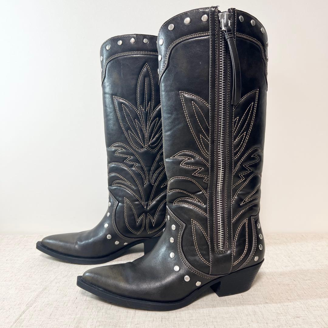 極美品☆ZARA ウエスタン カウボーイ ブーツ スタッズ サイドジップ 38