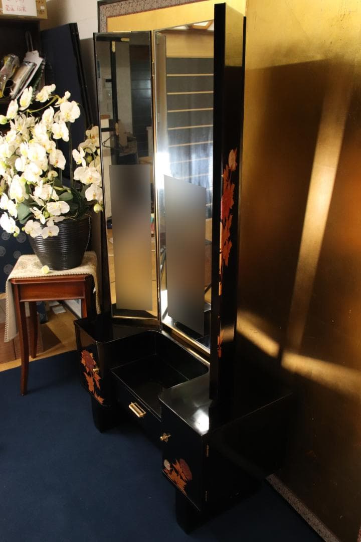 枝垂れ桜様専用、高級輪島塗 黒漆塗り 芍薬蒔絵 台 ドレッサ 三面鏡