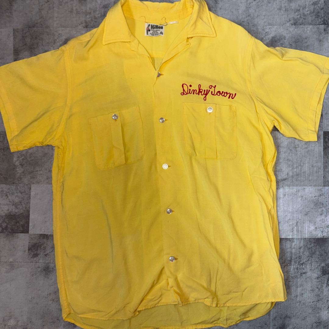 70's Hilton ボーリング シャツ イエロー チェーンステッチ3段 70's