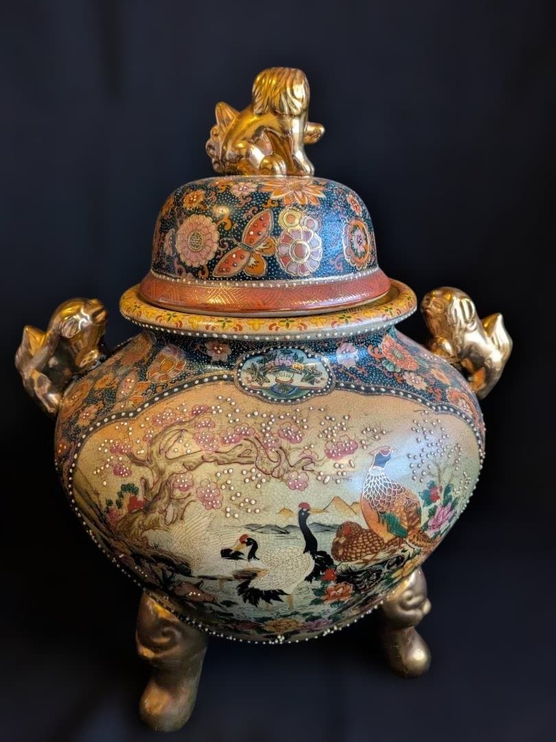 豪華絢爛】薩摩焼 飾り壺 大香炉 獅子 女武者 花鳥図 青粒 骨董 古美術