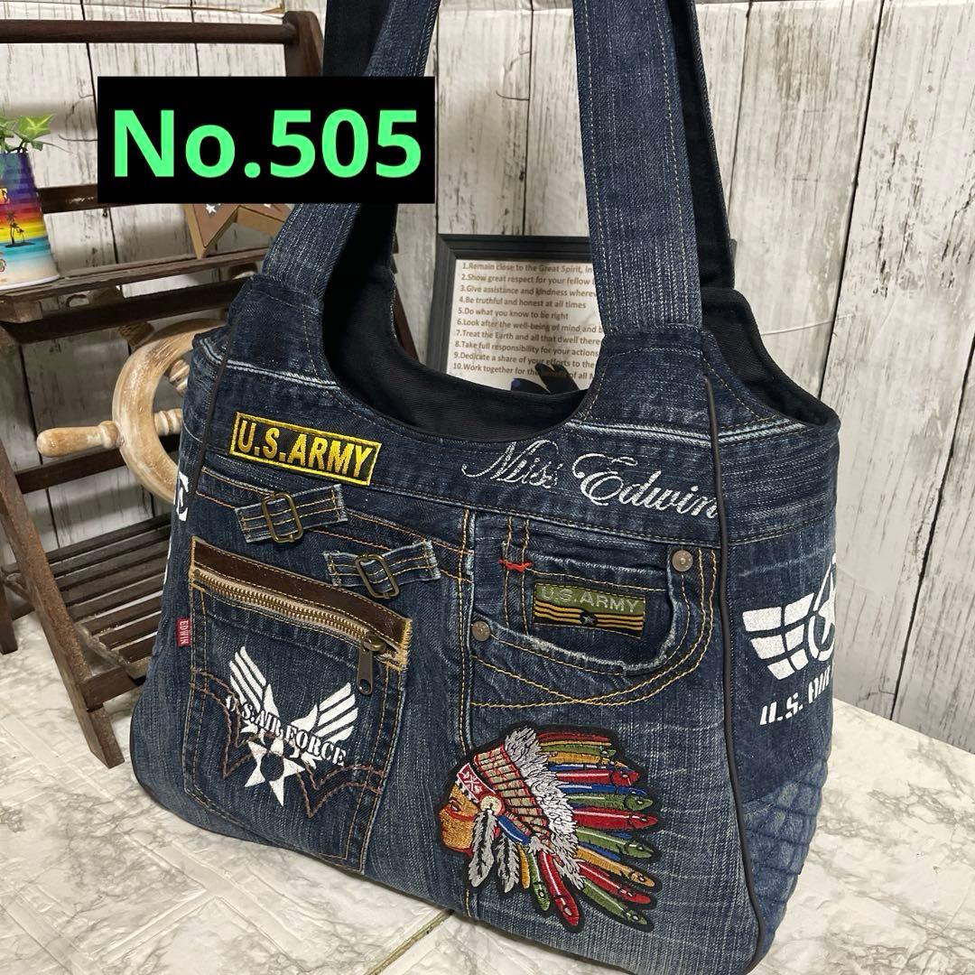 No. 505 デニムリメイクバッグ　トートバッグ　インディアン　ルート66 Denim Route 66 Embossed Tote Bag - The Original Route 66 Gift Shop