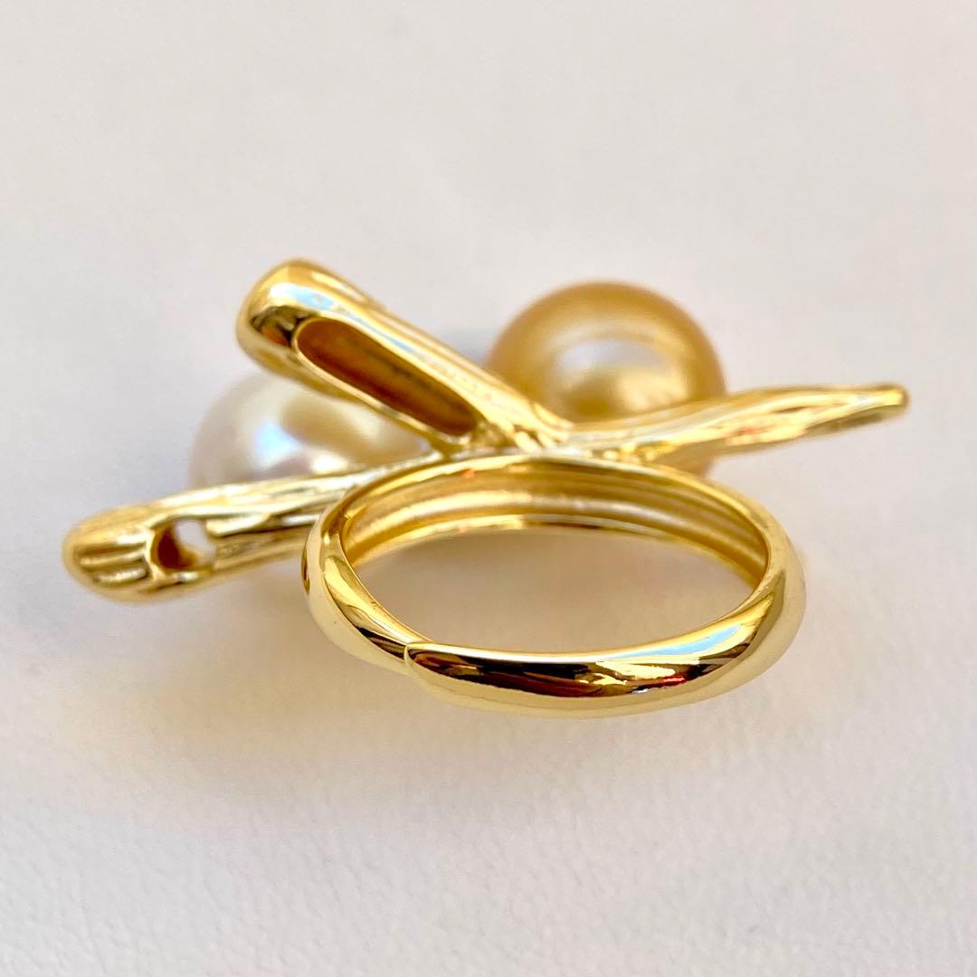 本真珠南洋白蝶真珠 茶金とホワイト無調「鳥と枝」s925リングY1059