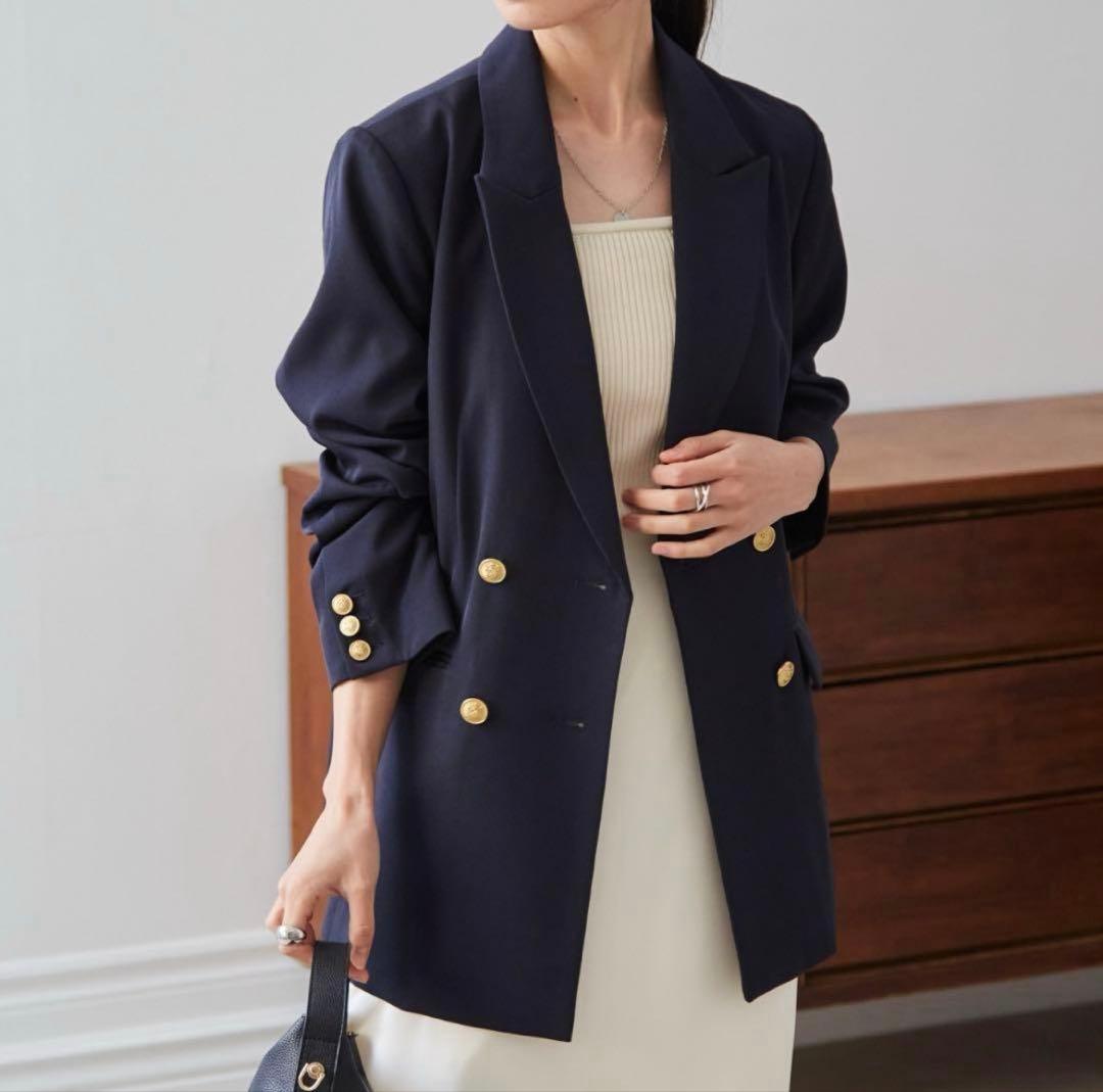 洗える】ゴールドボタンダブルテーラードジャケット ネイビー RANAN