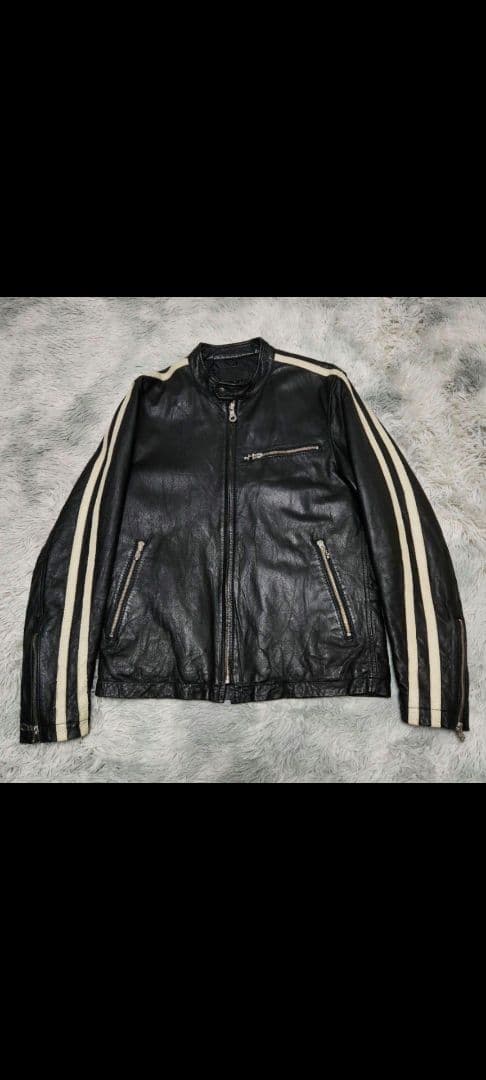 vintage 牛革 白ライン シングルライダースジャケット レザージ み*け