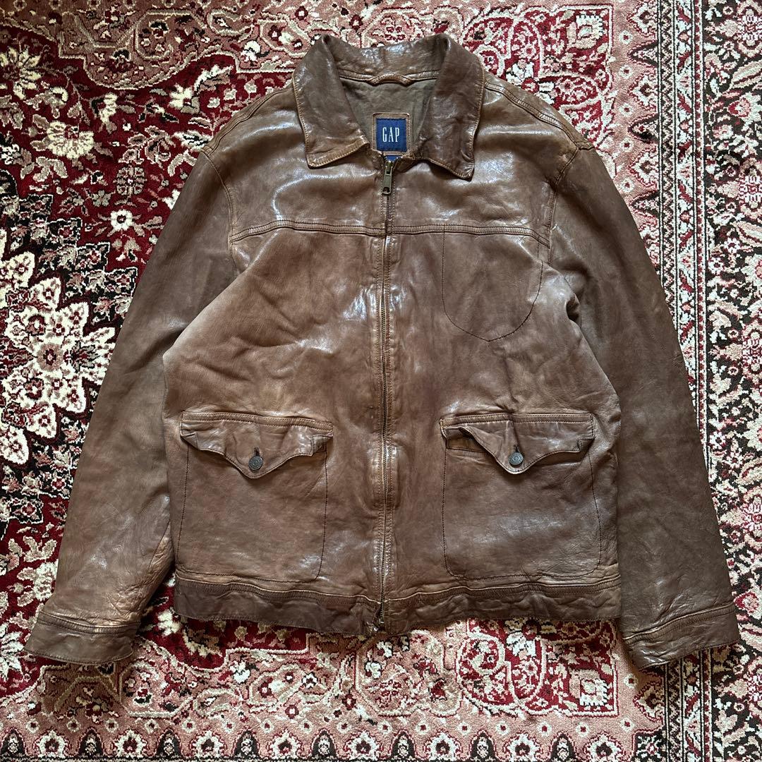 タ*！様 希少 90s OLD GAP レザージャケット 紺タグ 茶色 レザーブ