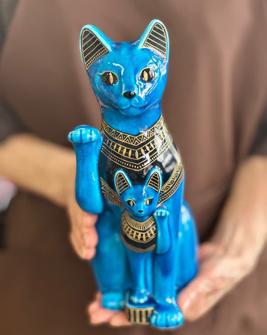 再値下げ 新品 青釉 オーナメント バステト 青釉金彩 親子 古代